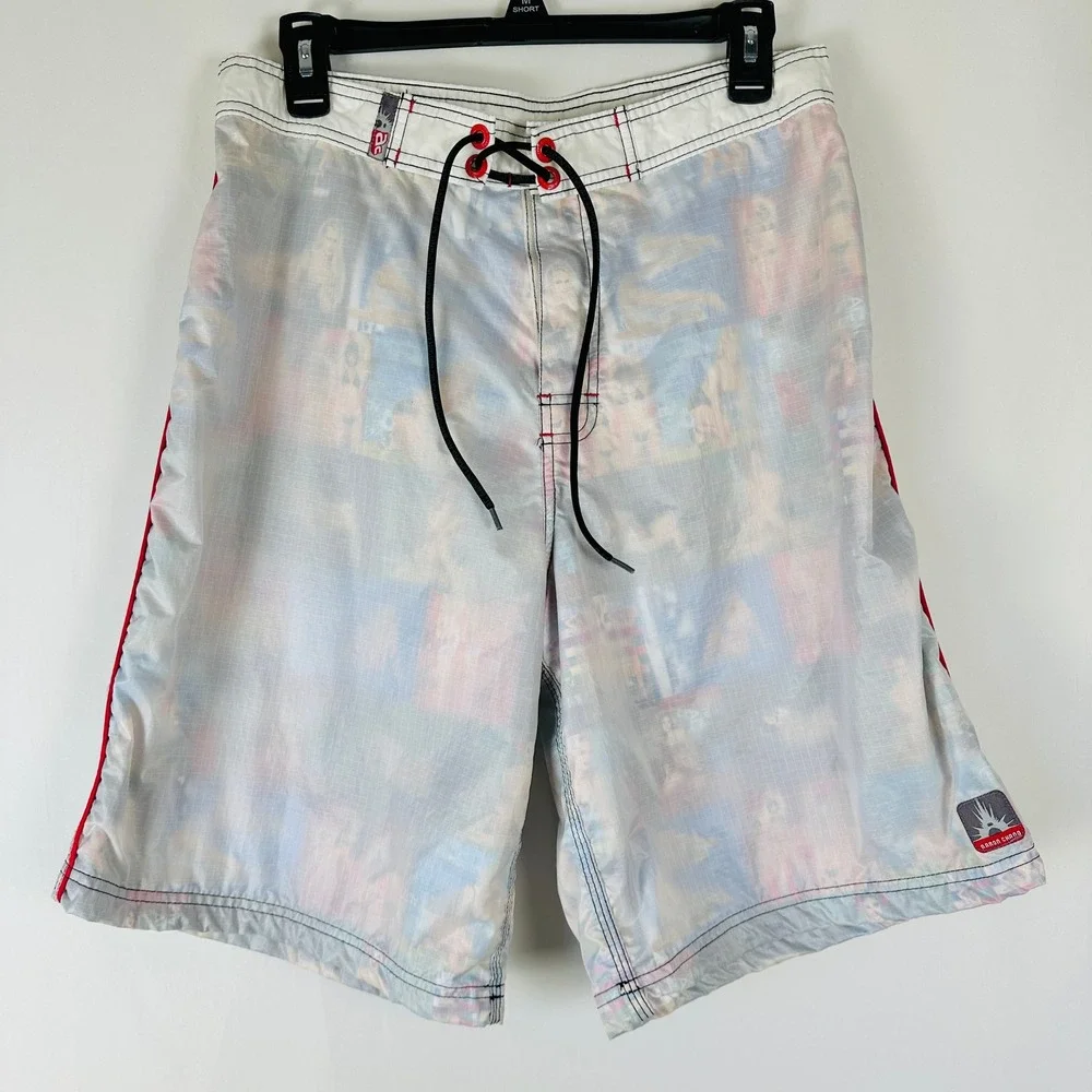 Vintage Aaron Chang Mens Board Shorts 32 Swim Trunks Ripstop Photo Print USA Y2K